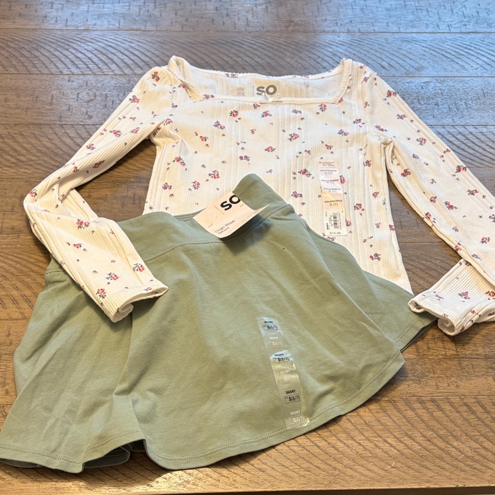 SO Kids Floral Long Sleeve Top  and skirt - White and  green 6/7 skort 7 top